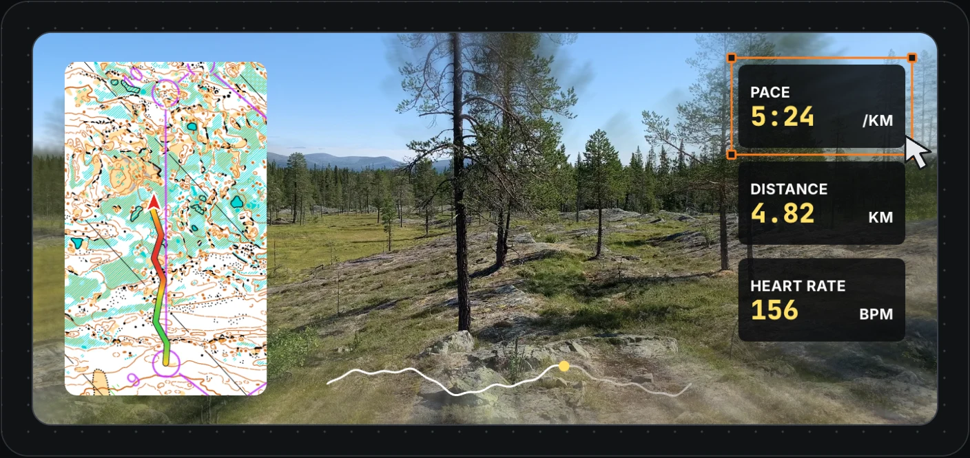 A headcam view of rocky forest with an orienteering map, pace, distance, heart rate and an elevation line laid over it