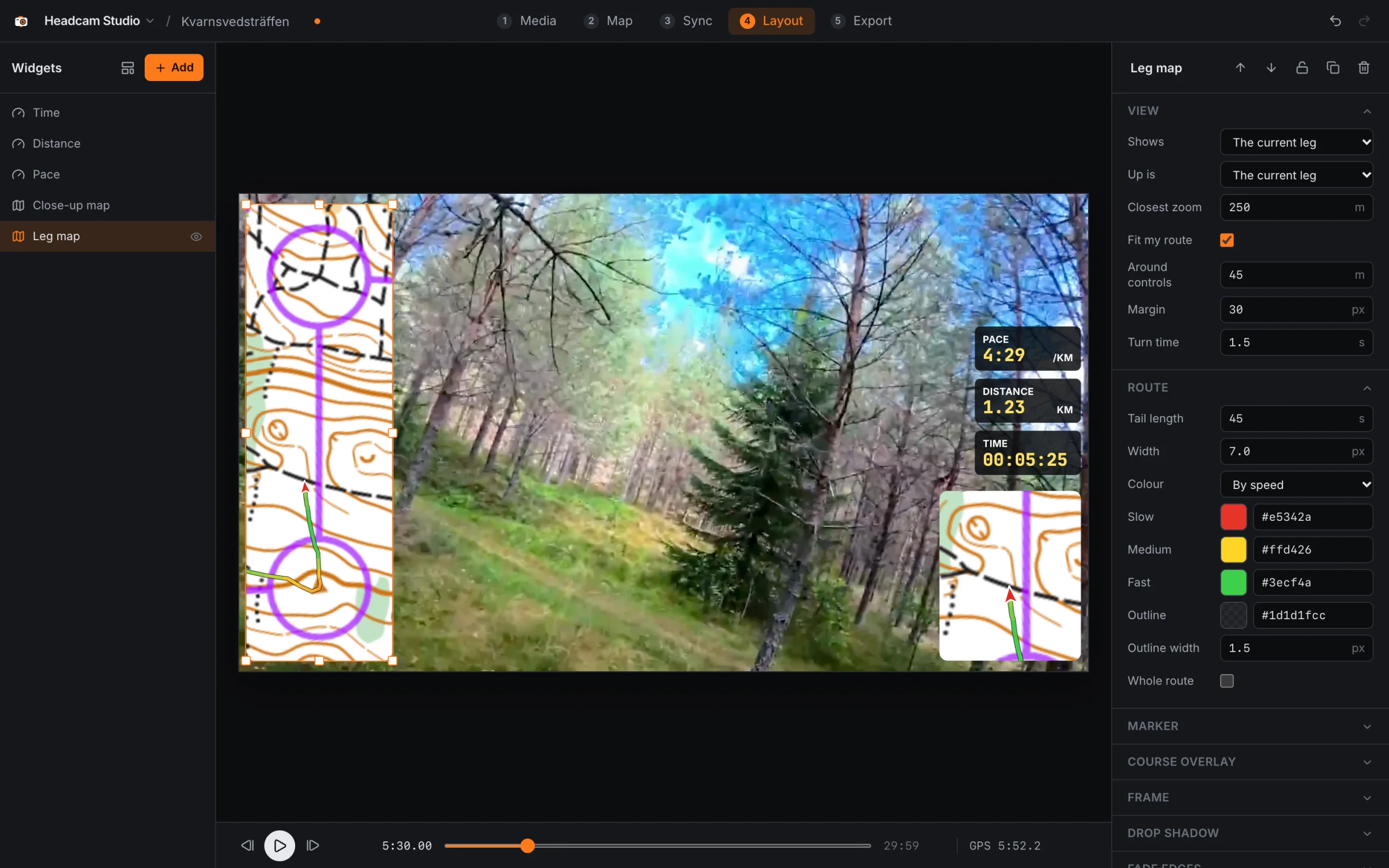 The Layout step: a leg map selected on the video, with its settings in a panel on the right