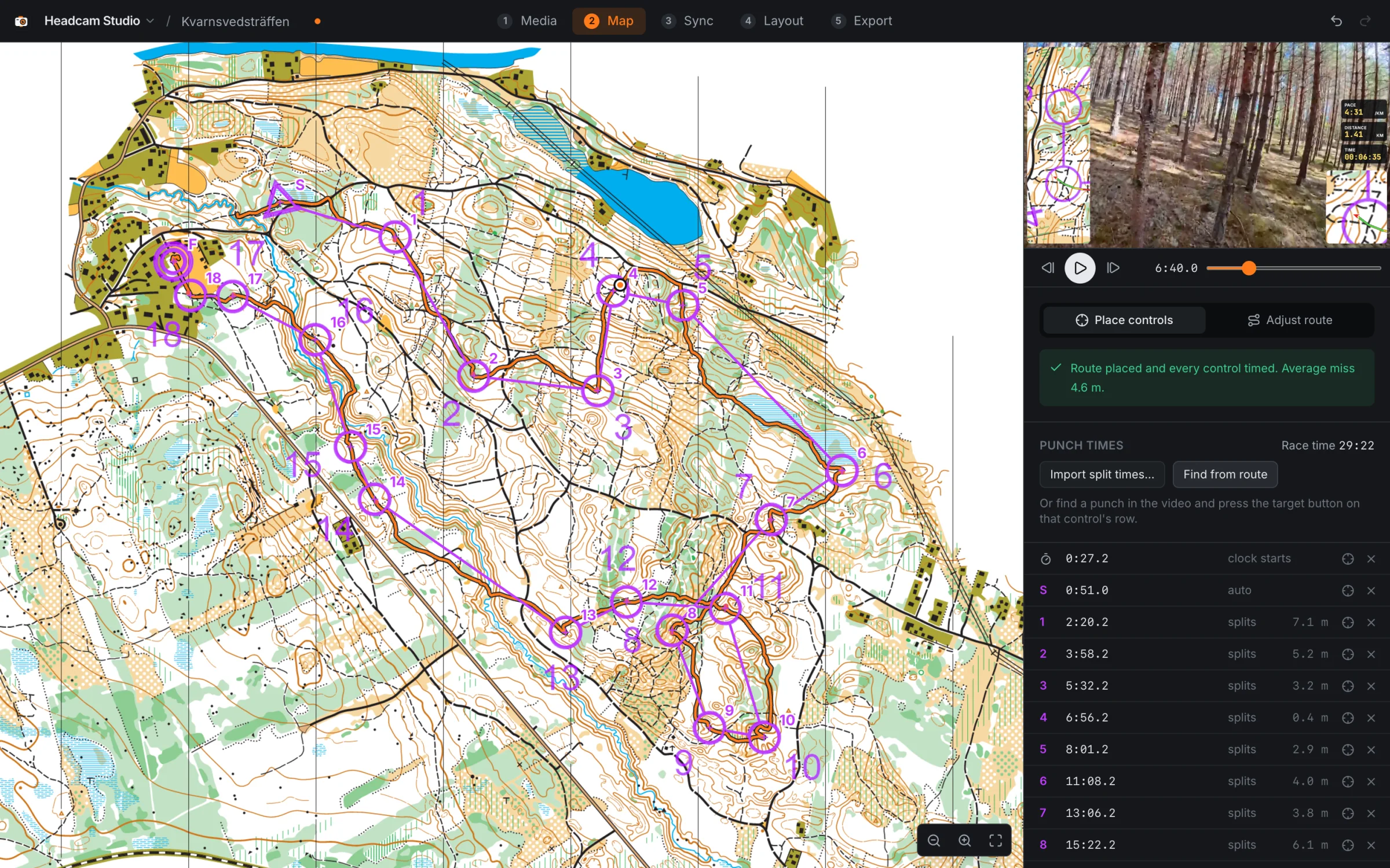 The Map step: an orienteering map with the course clicked in and the route laid over it