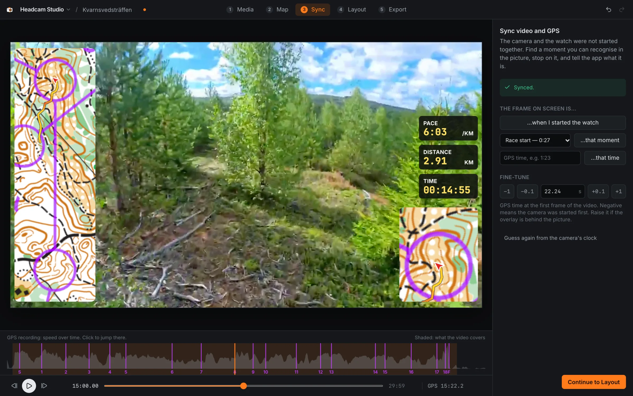 The Sync step: the video with overlays, and a strip showing speed over the whole recording